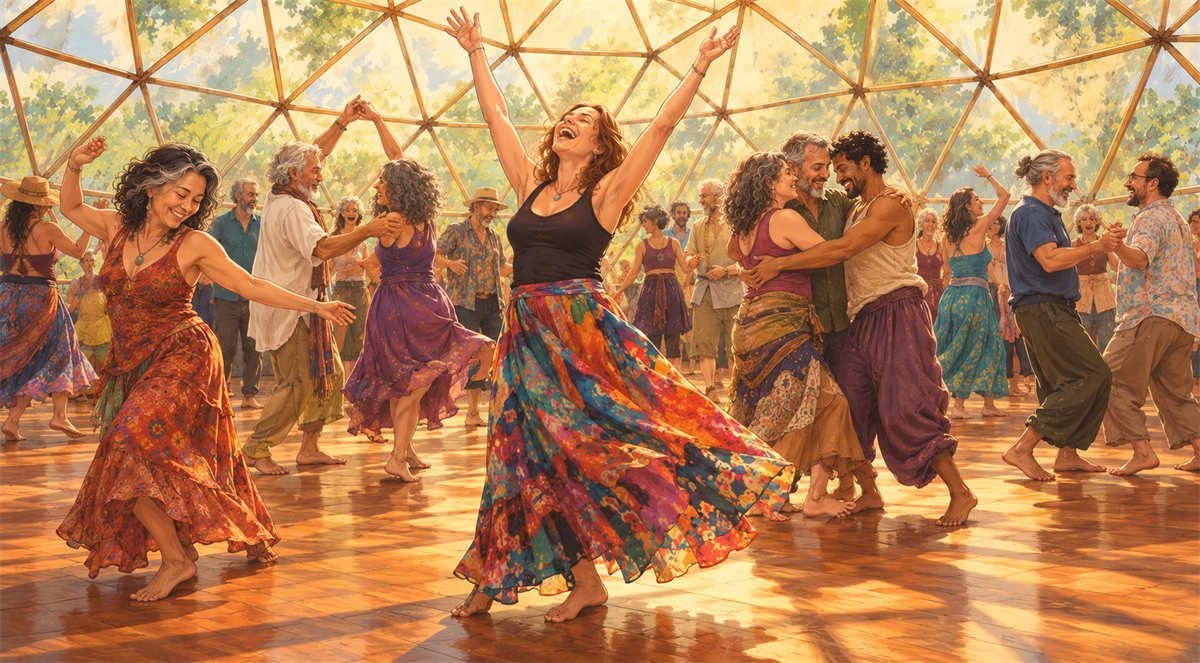 People dancing barefoot in a circle inside a geodesic dome